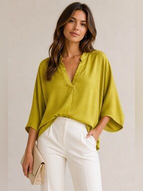 Chartreuse Green Draped Blouse V Neck Dolman Sleeve Top S Work